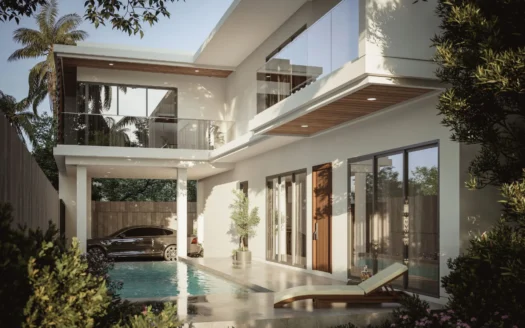 Современный двухэтажный дом с бассейном, стеклянным балконом и парковкой