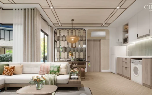 Гостиная и кухня открытой планировки с решетчатым экраном