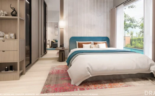 Яркая спальня с бирюзовой спинкой кровати и видом на бассейн