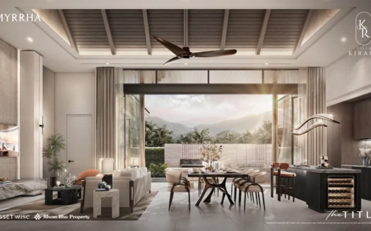 Просторная открытая гостиная с обеденным столом и кухонным островом