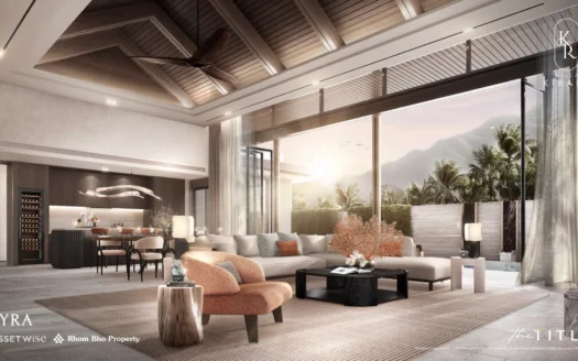 Освещённая гостиная с потолком из бруса и стеклянными дверьми