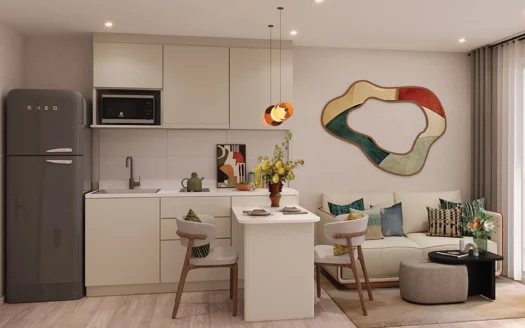 Современная компактная кухня-гостиная с серым холодильником Smeg и обеденным уголком