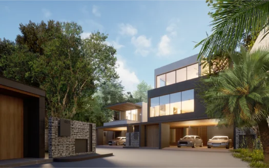 Двухэтажный современный дом с стеклянной фасадой и пальмовыми деревьями