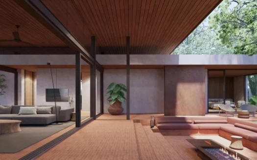 Уличная терраса с бассейном, углублённой зоной сидения и камином