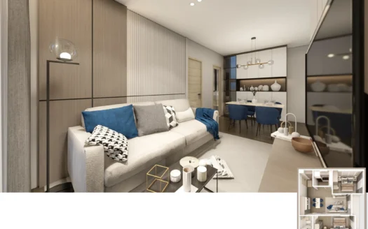 Уютная гостиная с бежевым диваном и синими подушками возле стены с деревянными панелями