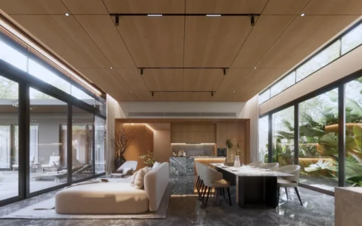 Открытая гостиная и столовая с мраморным полом и стеклянными стенами