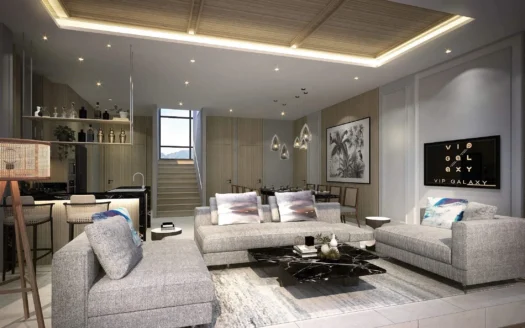 Гостиная с серыми диванами и мраморным кофейным столиком