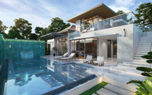 Современный двухэтажный дом с стеклянным балконом и бассейном