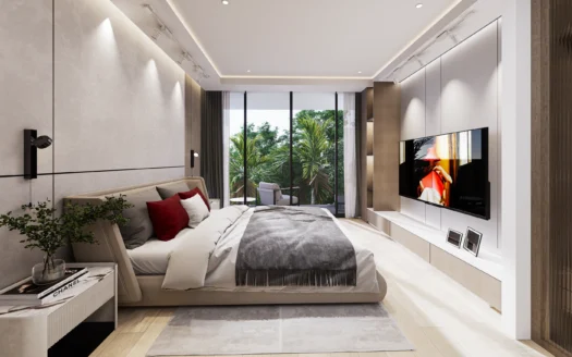 Современная спальня с низкой кроватью и балконными дверями