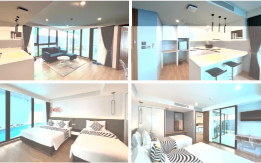 Коллаж современных интерьеров квартиры: гостиная, кухня, две спальни, большие окна