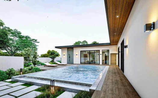 Современная вилла с прямоугольным бассейном и деревянной террасой