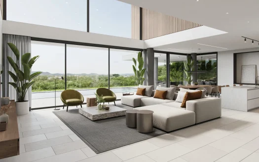 Яркая гостиная с большими стеклянными стенами и зеленью снаружи