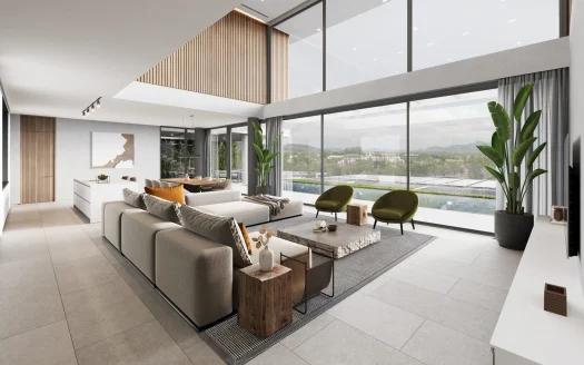 Гостиная с бежевым угловым диваном и панорамными окнами