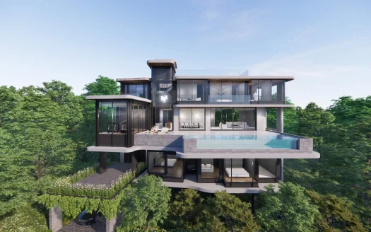 Стеклянная вилла на холме с бесконечным бассейном