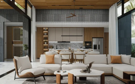 Гостиная и открытая кухня с мраморным островом