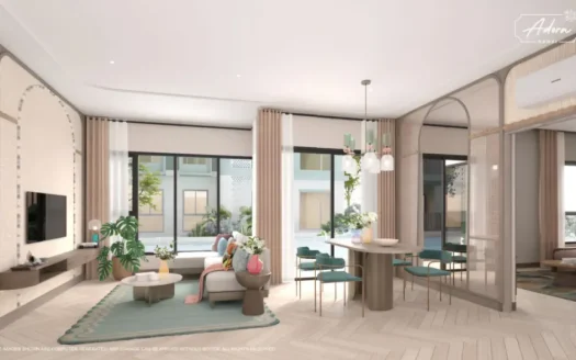 Яркая гостиная с диваном, телевизором на стене и зоной столовой