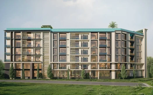 Дневной внешний вид современного многоэтажного жилого дома с балконами из стекла