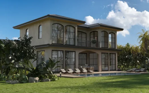 Двухэтажная бежовая вилла с арочными окнами и бассейном