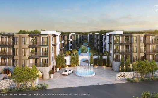 Симметричные курортные корпуса с центральным фонтаном, арками и пальмами