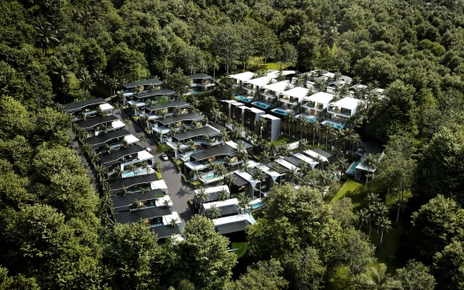 Воздушный вид на лесной курорт с виллами и бассейнами