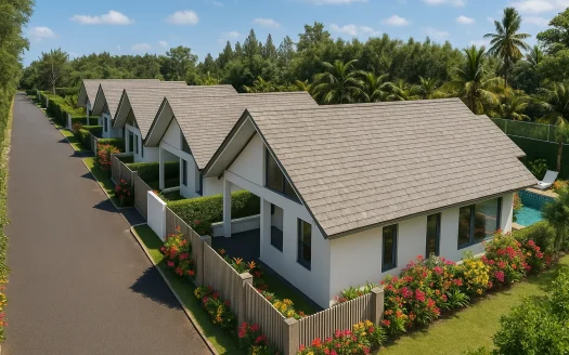 Ряд белых вилл с крутыми коричневыми крышами вдоль пальмовой улицы