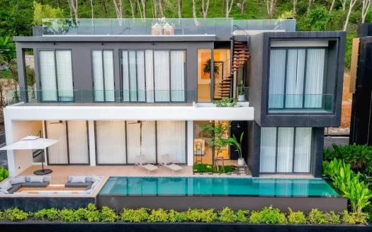 Двухэтажная современная вилла с стеклянными балконами и бассейном