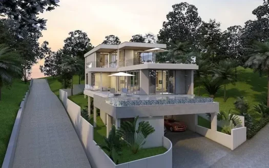 Современный дом на холме со стеклянными стенами, террасой и бассейном