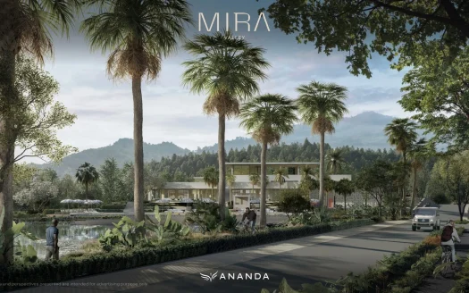 Современная вилла с пальмами, прудом и холмистым фоном