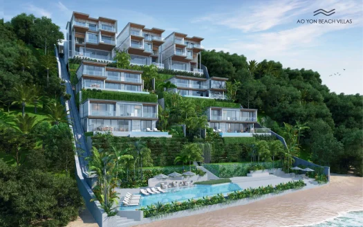 Террасированные виллы на склоне с стеклянными балконами и бассейном у пляжа