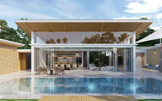 Современная стеклянная вилла с прямоугольным бассейном и деревянной террасой