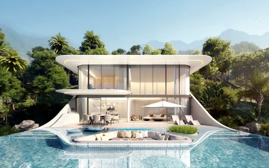 Современный дом с остеклением и изогнутой крышей над бассейном