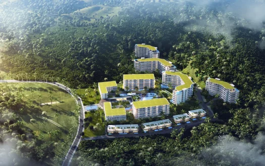 Аэрофотоснимок курортного комплекса среди пышной джунгли