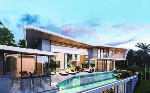 Экстерьер современной виллы с изогнутой крышей и бассейном