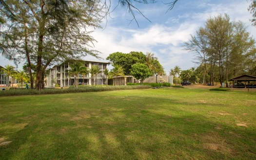 Уличные курортные здания с балконами и пальмами