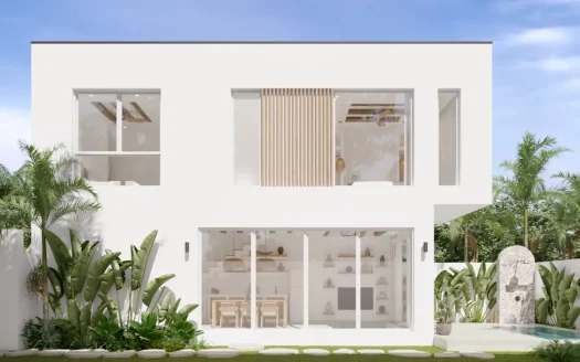 Двухэтажный белый дом с большими стеклянными стенами и бассейном