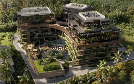 Современный курорт на холме с изогнутым мостиком и бассейном