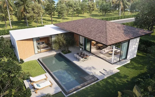 Современная вилла с стеклянными стенами, прямоугольным бассейном и пальмами