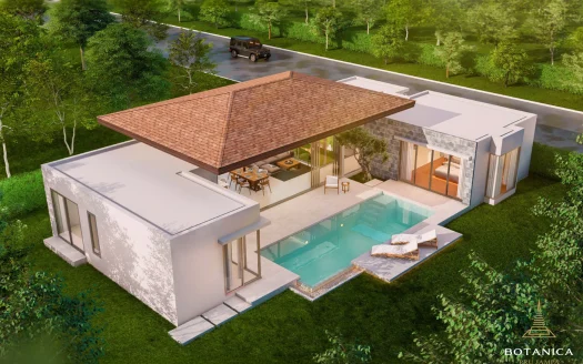 Экстерьер современной виллы с бассейном и тенистой обеденной зоной