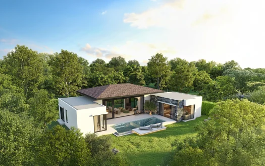 Современная белая вилла с бассейном среди густых деревьев