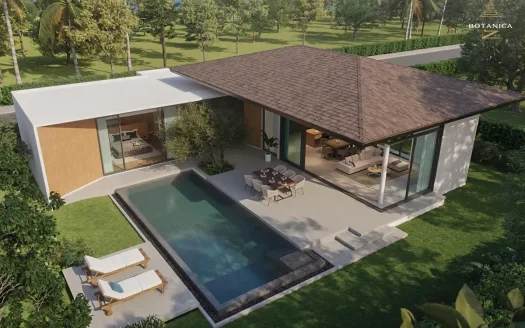 Современная вилла с стеклянными стенами, бассейном и обеденной зоной