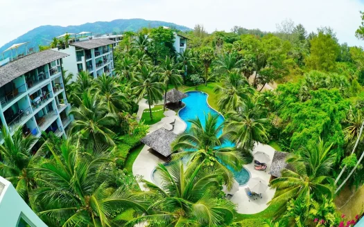 Воздушный снимок тропического курорта с изогнутым бассейном и пальмами