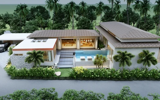 Современная вилла с бассейном, пальмами и пышной зеленью