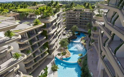 Воздушный вид на курорт с изогнутыми балконами и бассейном