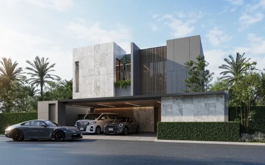 Современный двухэтажный дом с серыми каменными панелями и навесом