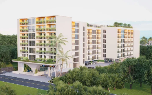 Экстерьер современного жилого комплекса с балконами и пальмами