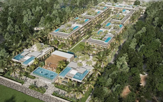 Аэрофотосъемка роскошного курорта с бассейнами на крышах