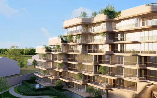 Экстерьер современного здания с изогнутыми деревянными балконами и стеклянными перилами