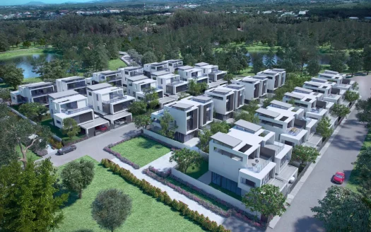 Современные белые таунхаусы с плоскими крышами и зелёным ландшафтом