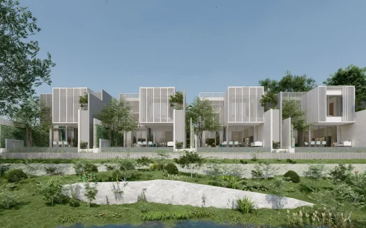 Ряд современных белых кубических домов вдоль ландшафтной террасы с деревьями