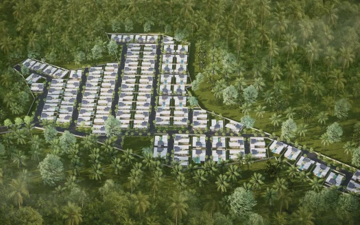 Аэросъемка лесистого холмистого жилого комплекса с белыми домами